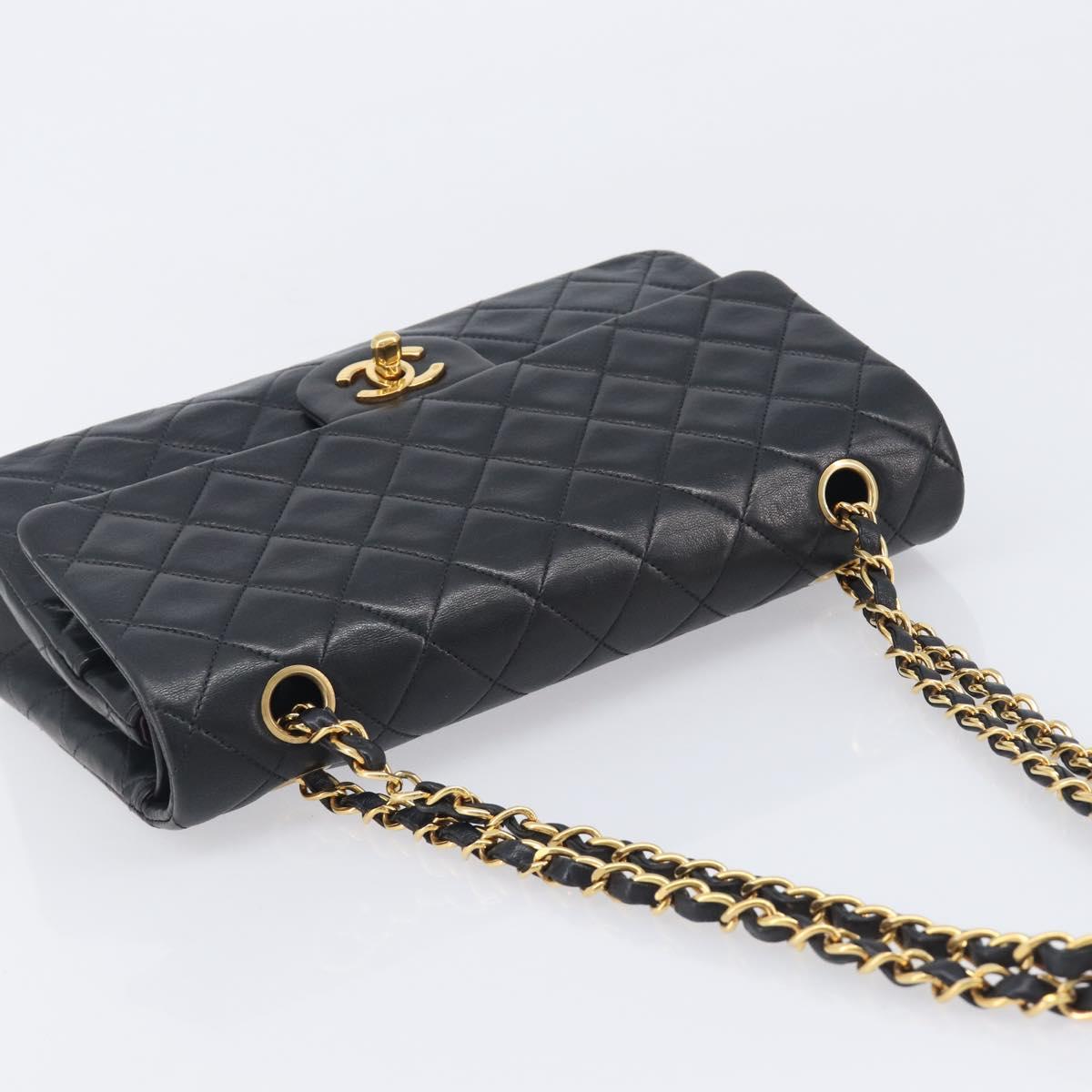 CHANEL Matelasse 25 Chain Shoulder Bag Lamb Skin Black Gold CC Auth BA16290SM