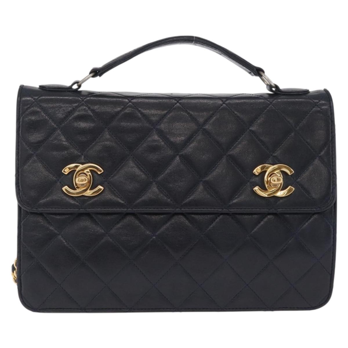 CHANEL Matelasse Chain Shoulder Bag Lamb Skin 2way Navy Gold CC Auth BA16293SAV