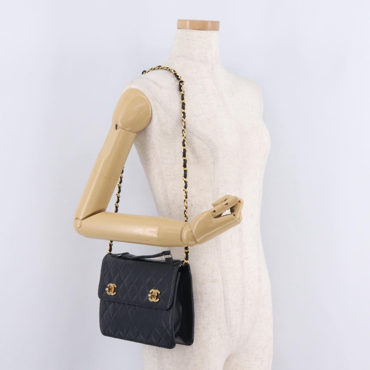 CHANEL Matelasse Chain Shoulder Bag Lamb Skin 2way Navy Gold CC Auth BA16293SAV