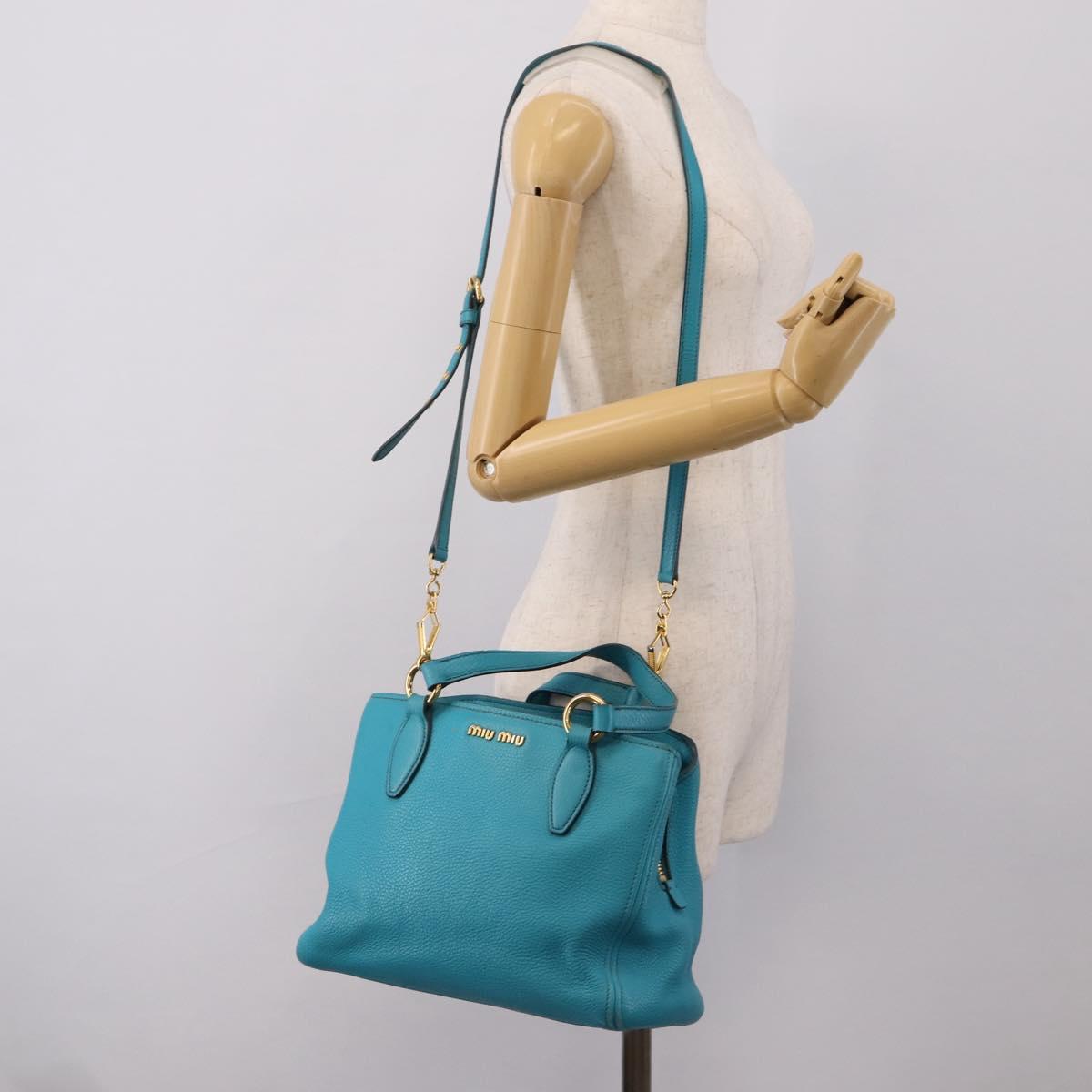 Miu Miu Hand Bag Leather 2way Turquoise Blue Gold Tone Auth BA16303V