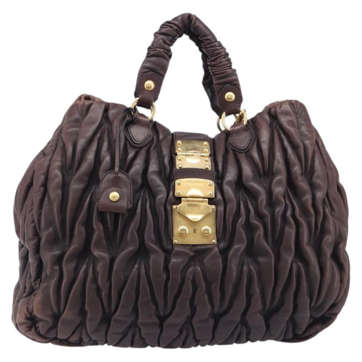 Miu Miu Matelasse Hand Bag Leather 2way Dark Brown Gold Tone Auth BA16313A