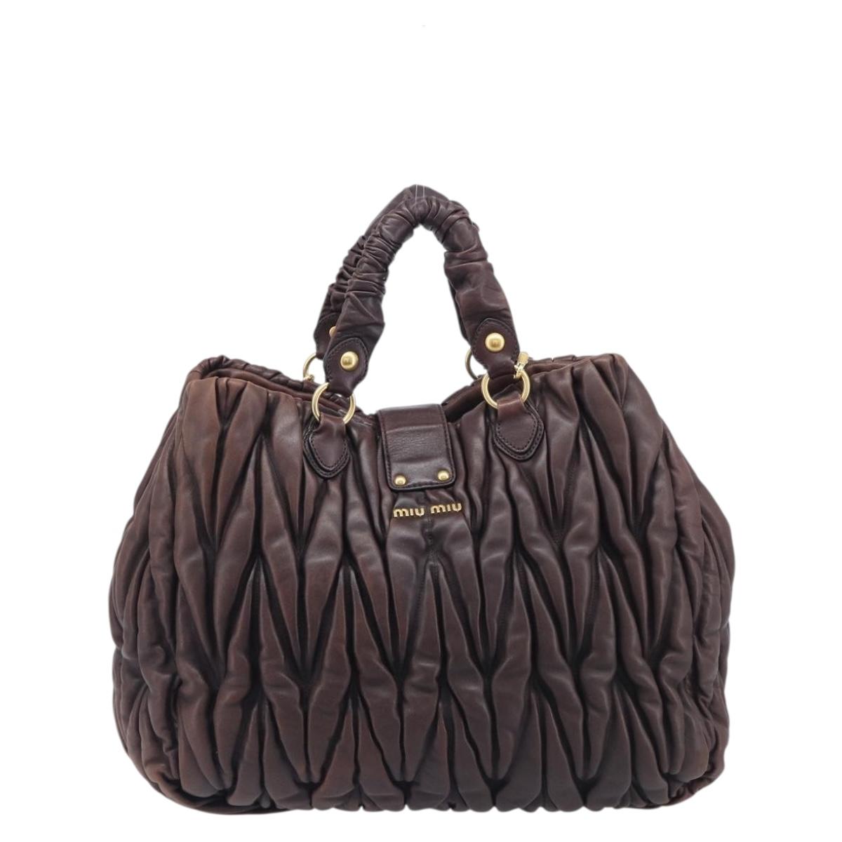 Miu Miu Matelasse Hand Bag Leather 2way Dark Brown Gold Tone Auth BA16313A
