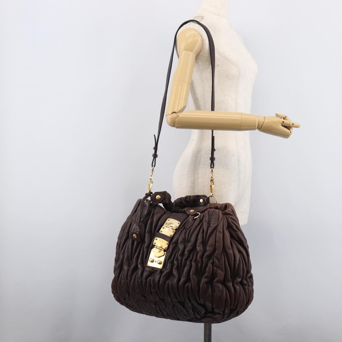 Miu Miu Matelasse Hand Bag Leather 2way Dark Brown Gold Tone Auth BA16313A