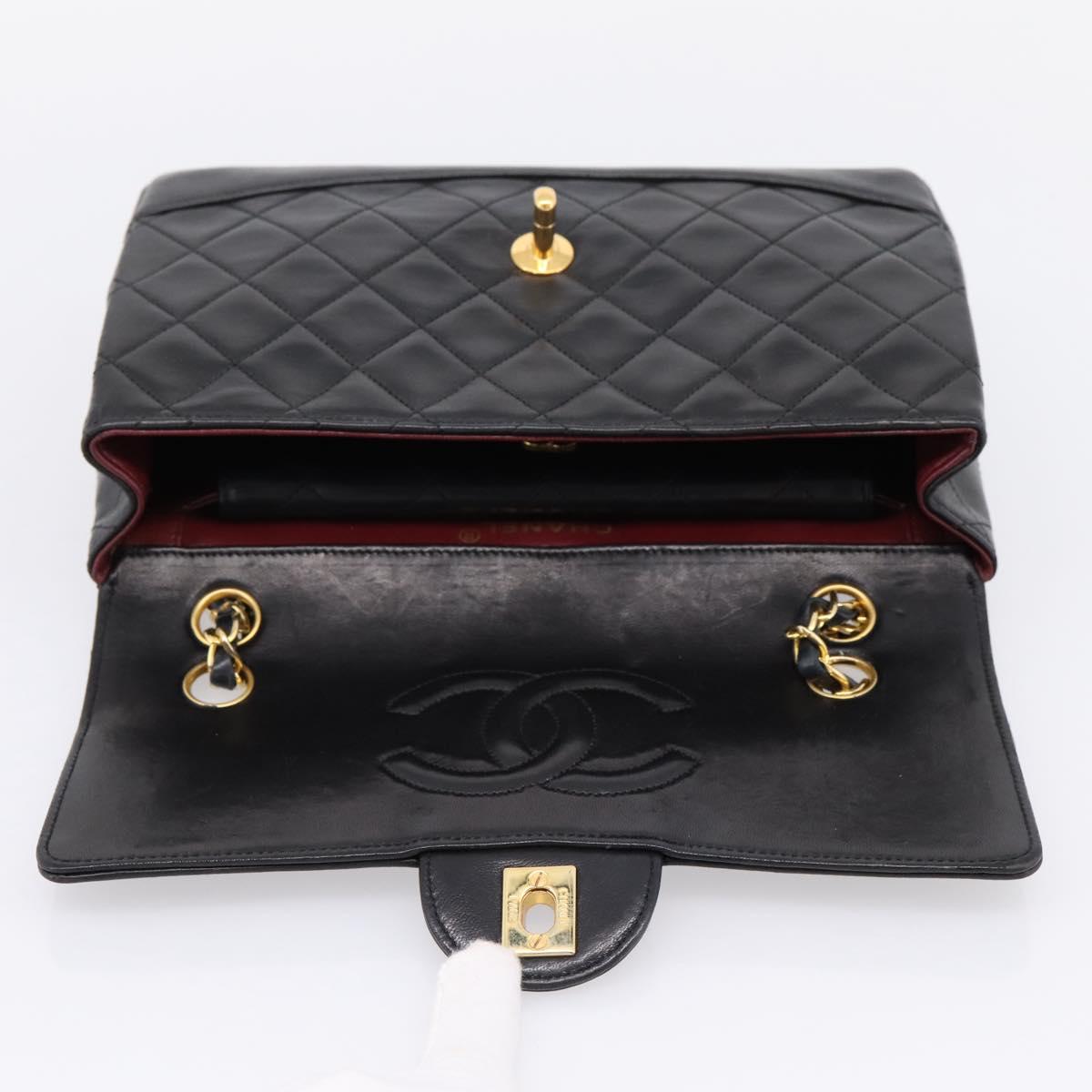 CHANEL Matelasse 25 Chain Shoulder Bag Lamb Skin Black Gold CC Auth BA16325SAV