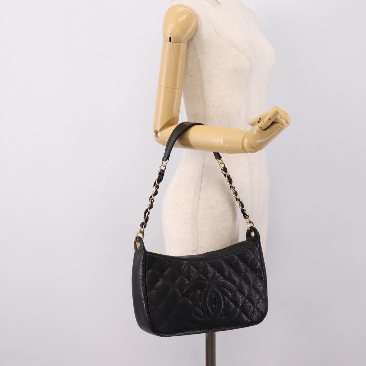 CHANEL Matelasse Chain Shoulder Bag Caviar Skin Black Gold CC Auth BA16326SAV