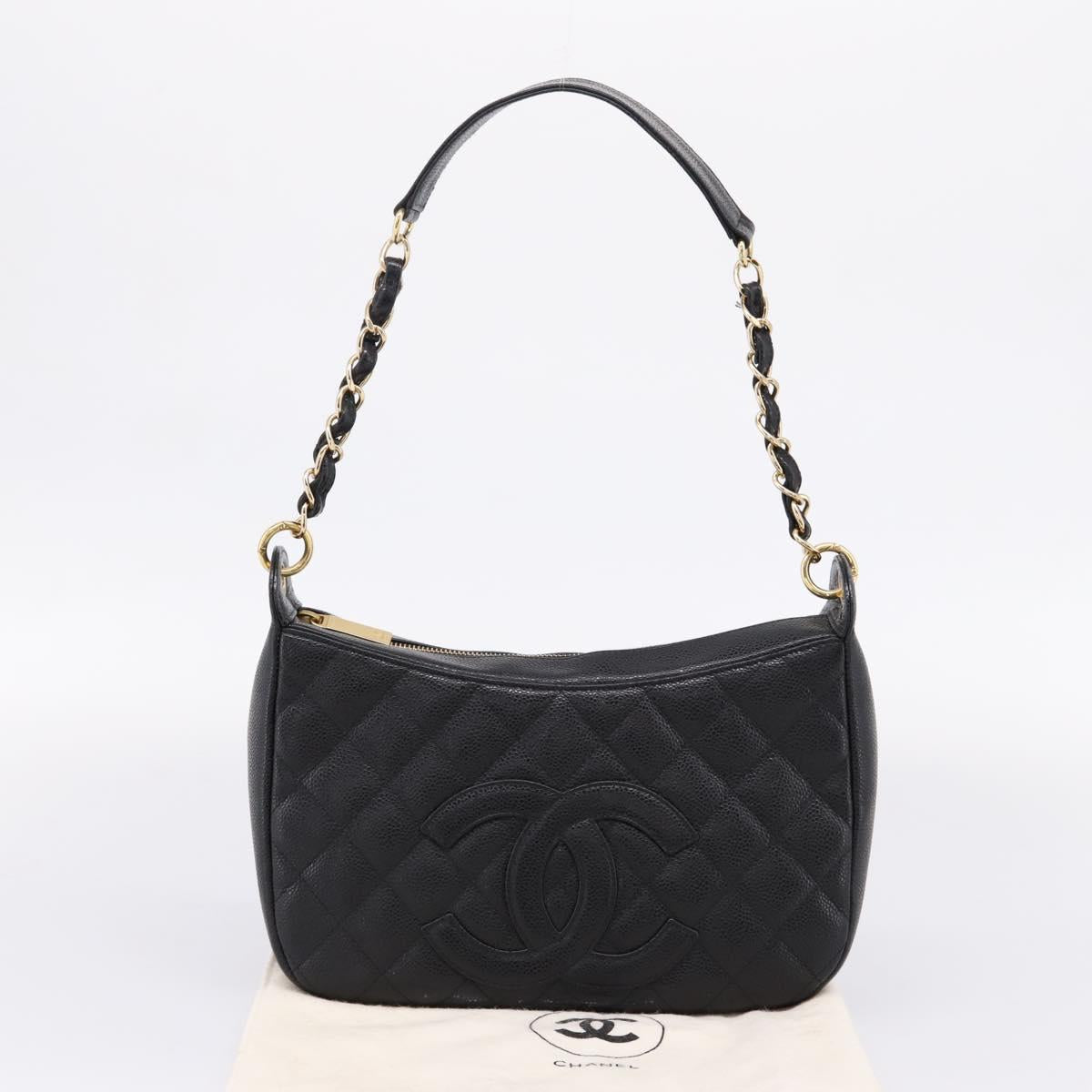 CHANEL Matelasse Chain Shoulder Bag Caviar Skin Black Gold CC Auth BA16326SAV