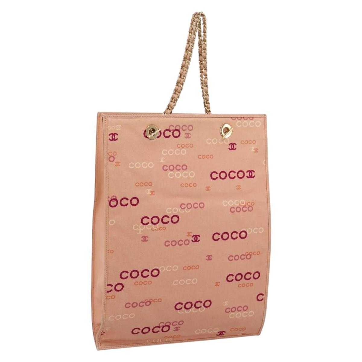 CHANEL Chain Tote Bag Canvas Pink Gold CC Auth BA16356