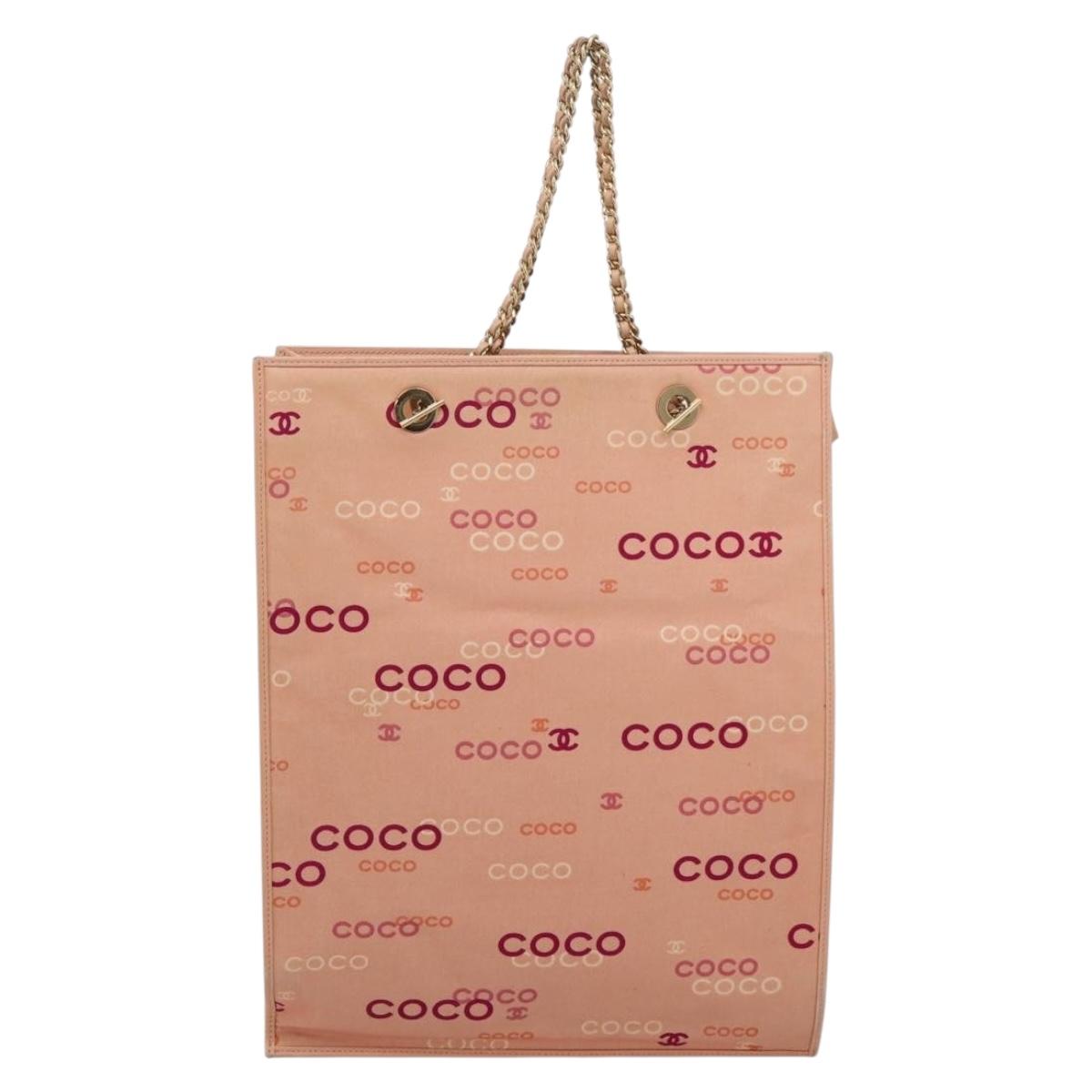 CHANEL Chain Tote Bag Canvas Pink Gold CC Auth BA16356