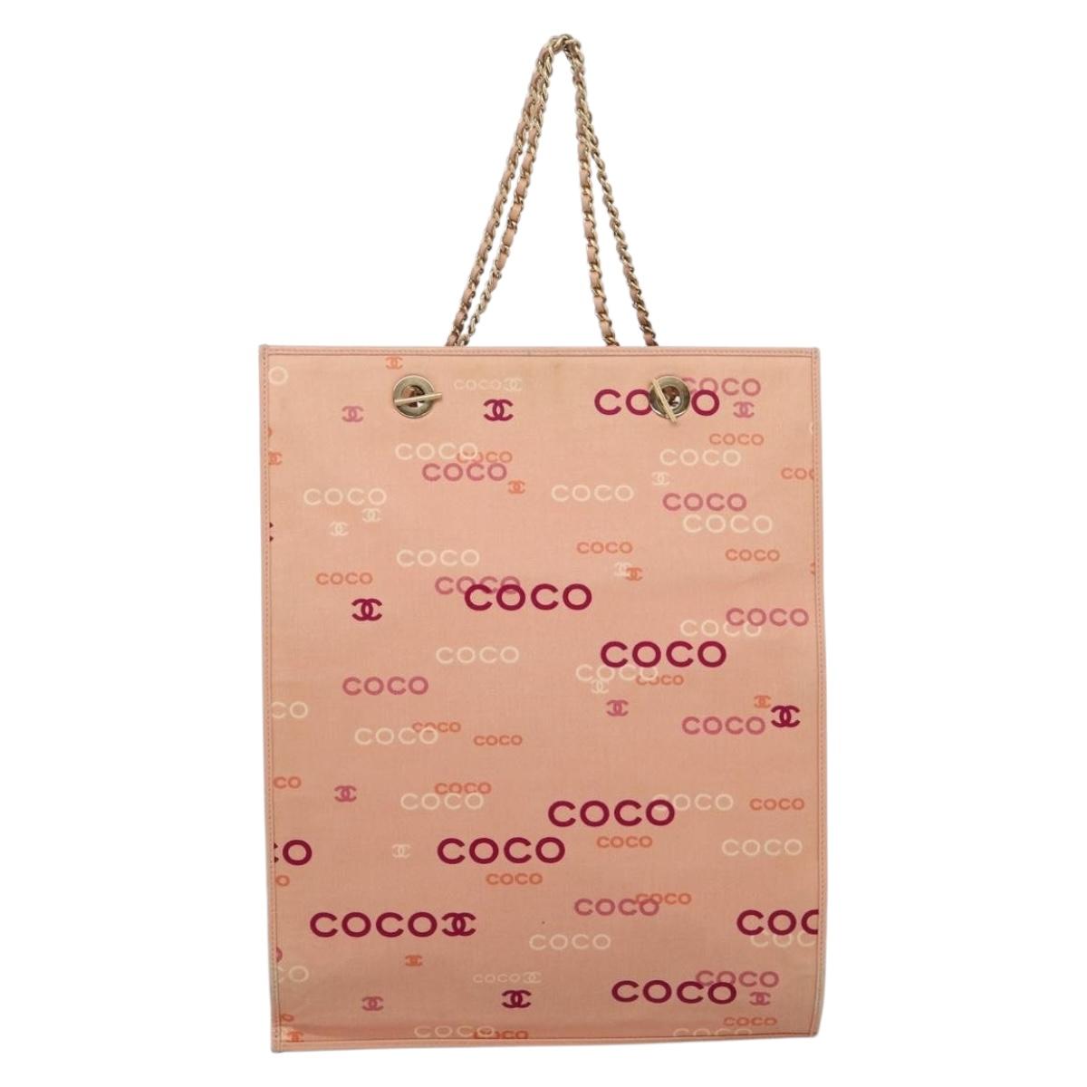 CHANEL Chain Tote Bag Canvas Pink Gold CC Auth BA16356