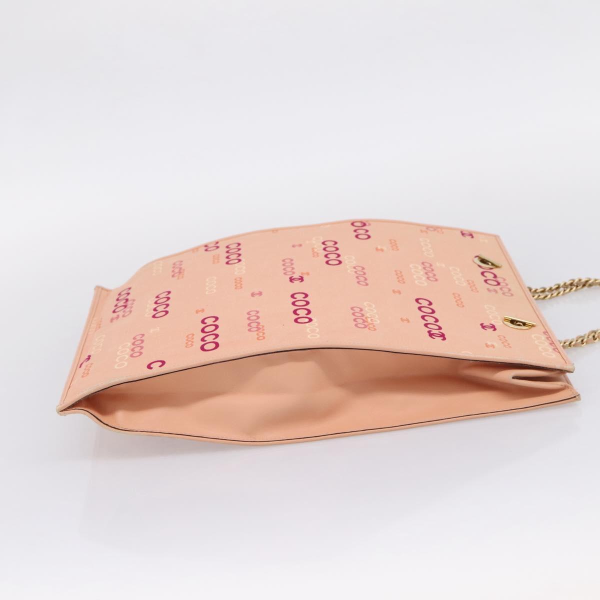 CHANEL Chain Tote Bag Canvas Pink Gold CC Auth BA16356
