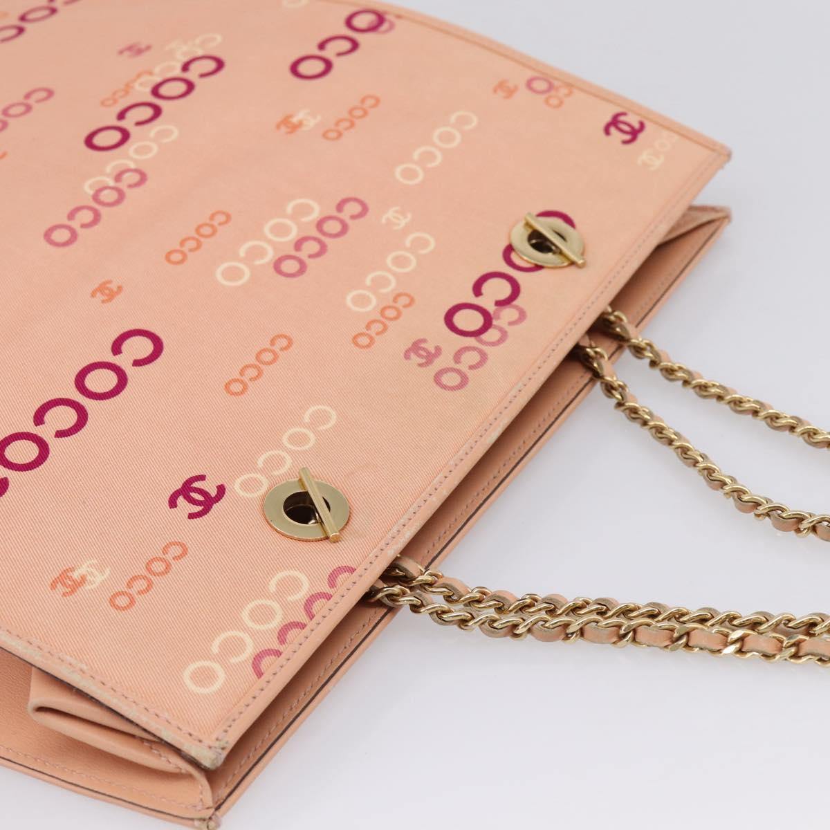 CHANEL Chain Tote Bag Canvas Pink Gold CC Auth BA16356