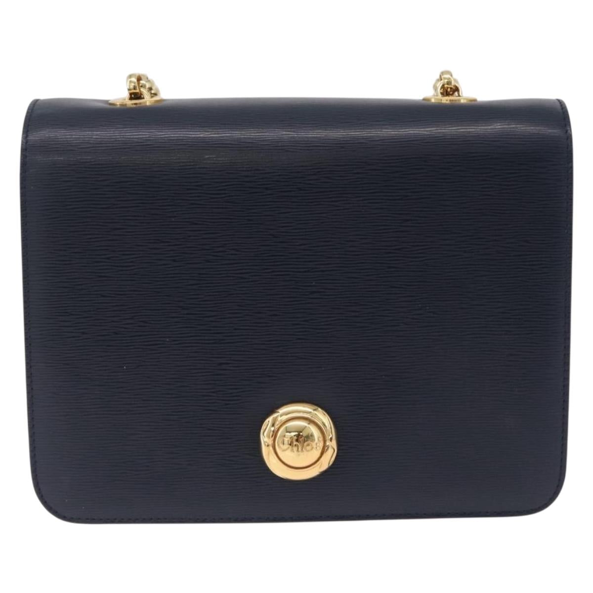 Chloe Chain Shoulder Bag Leather Navy Gold Auth BA16368