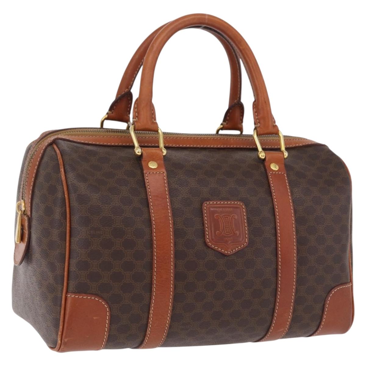 CELINE Macadam Canvas Boston Bag PVC Leather Brown Gold Auth BA16387
