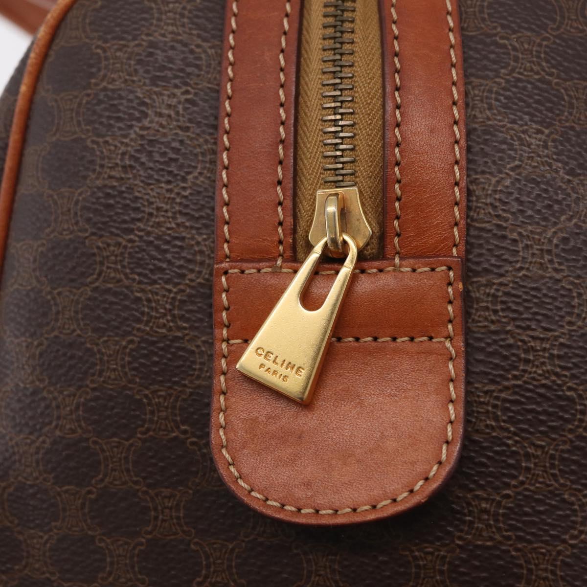 CELINE Macadam Canvas Boston Bag PVC Leather Brown Gold Auth BA16387