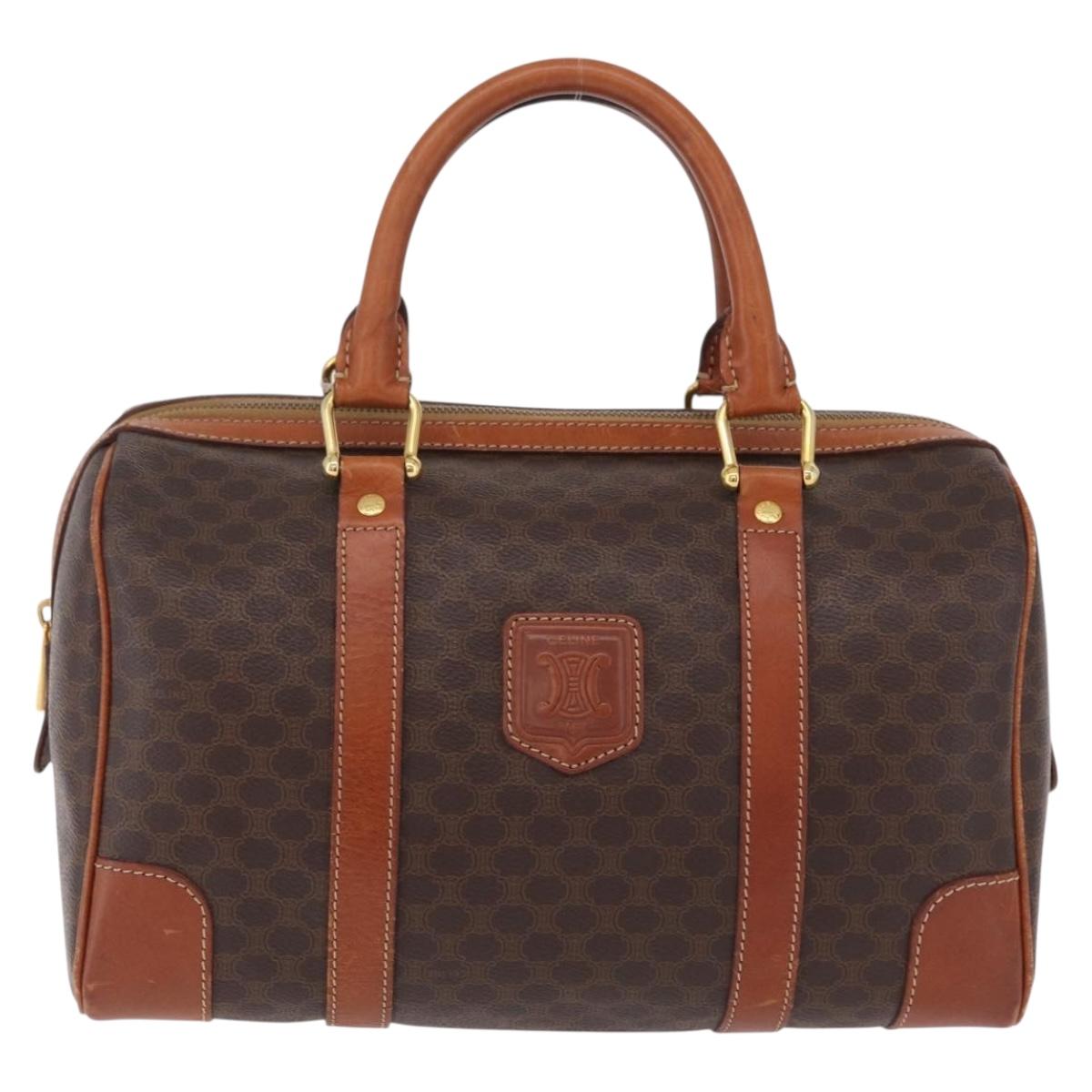 CELINE Macadam Canvas Boston Bag PVC Leather Brown Gold Auth BA16387