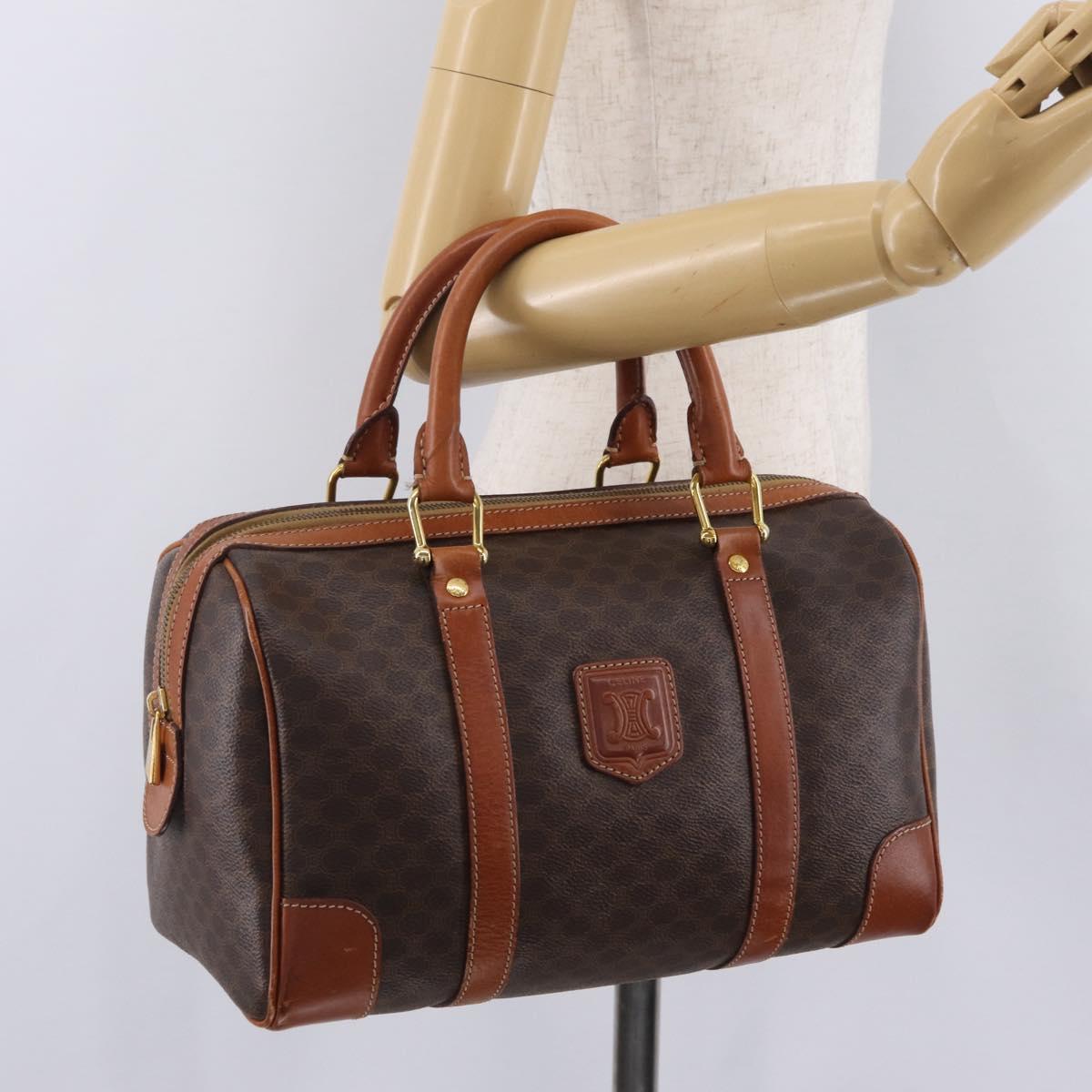 CELINE Macadam Canvas Boston Bag PVC Leather Brown Gold Auth BA16387