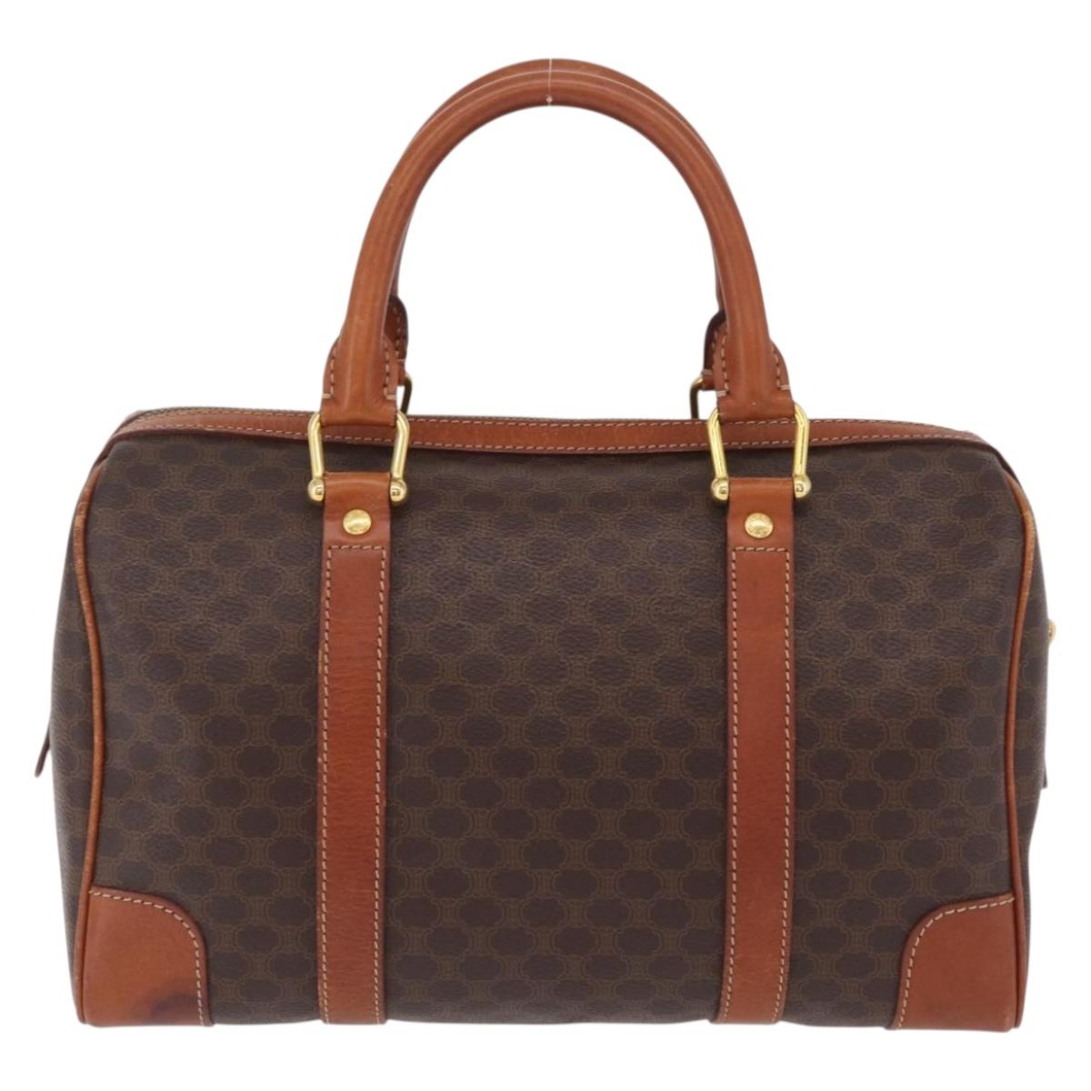CELINE Macadam Canvas Boston Bag PVC Leather Brown Gold Auth BA16387