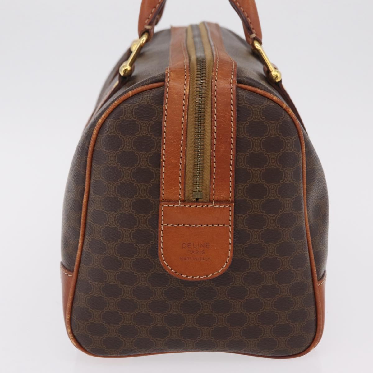 CELINE Macadam Canvas Boston Bag PVC Leather Brown Gold Auth BA16387