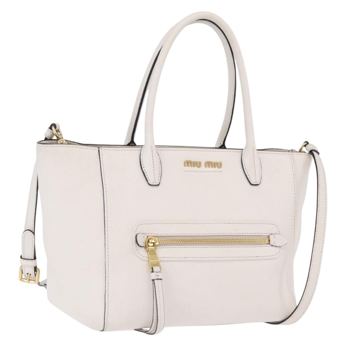 Miu Miu Tote Bag Leather 2way White Gold Auth BA16413A