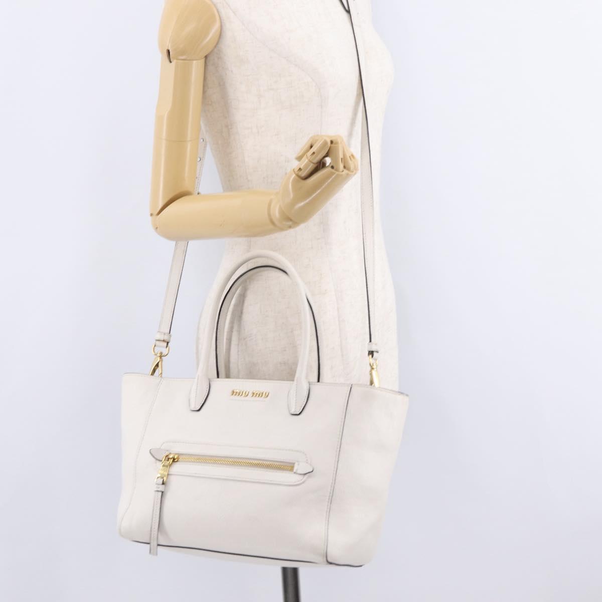 Miu Miu Tote Bag Leather 2way White Gold Auth BA16413A