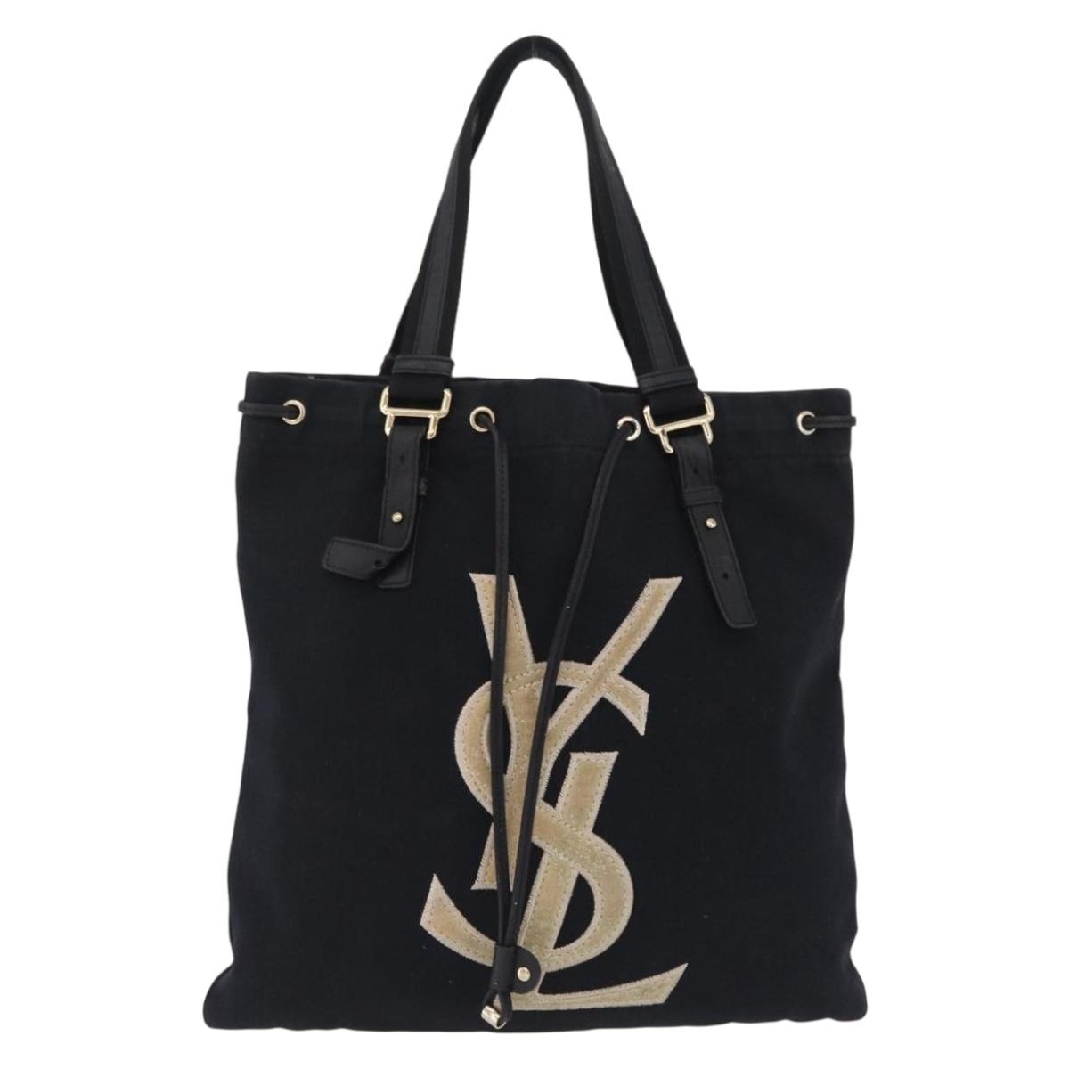 Saint Laurent Kahala Tote Bag Canvas Navy Gold Auth BA16414