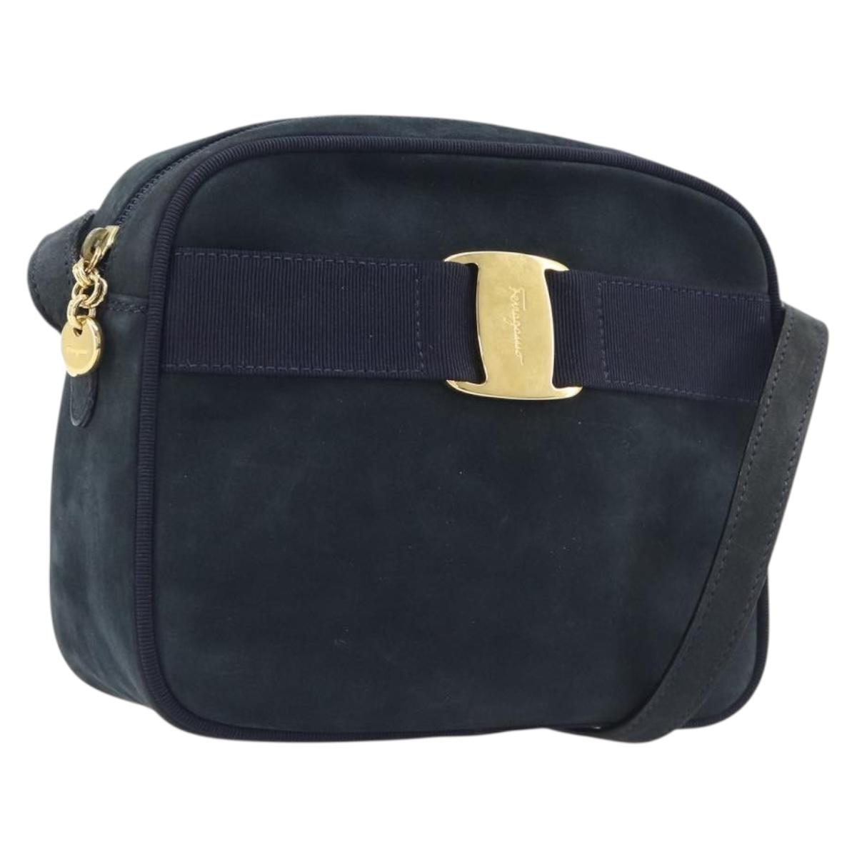 Salvatore Ferragamo Vala Shoulder Bag Suede Black Gold Auth BA16436