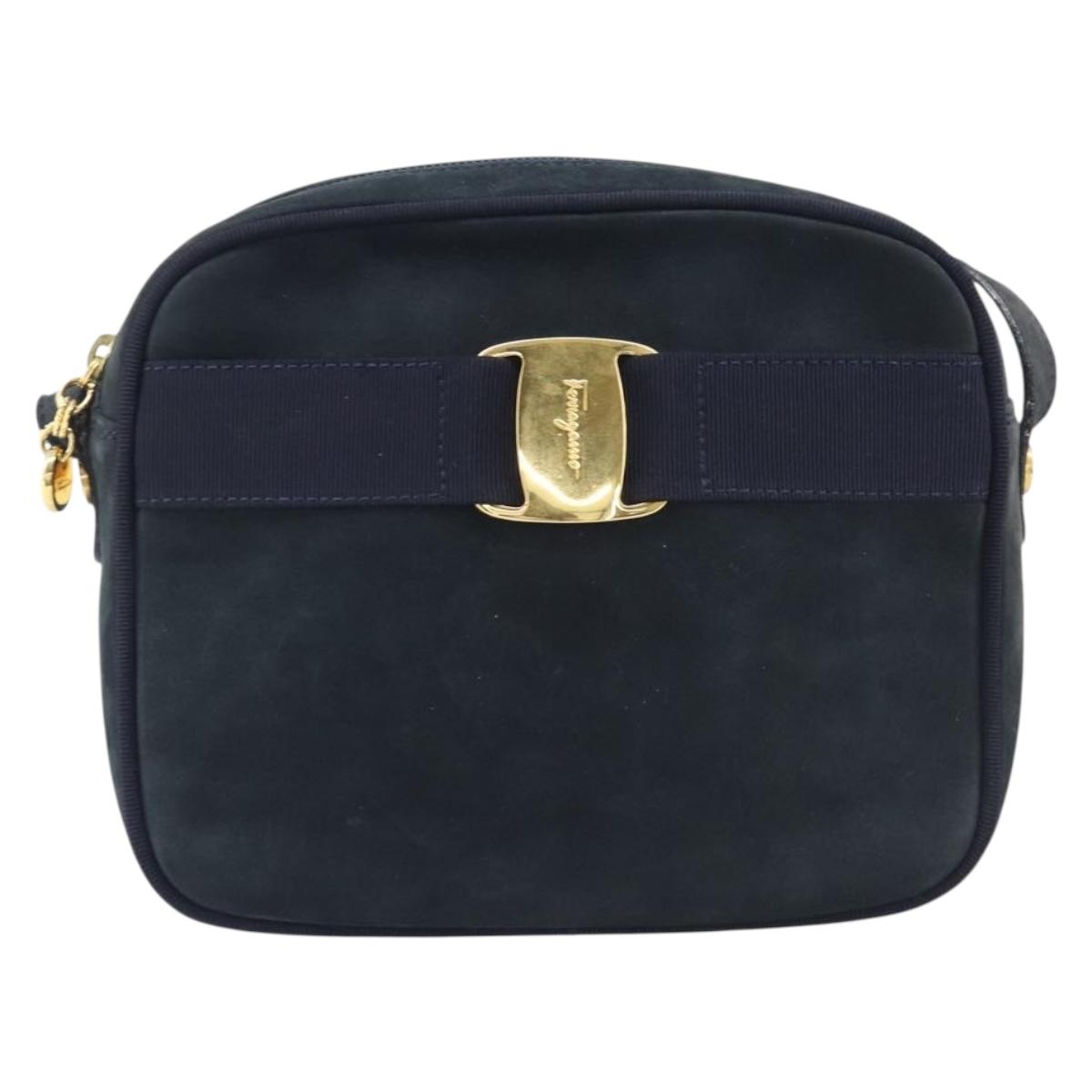 Salvatore Ferragamo Vala Shoulder Bag Suede Black Gold Auth BA16436