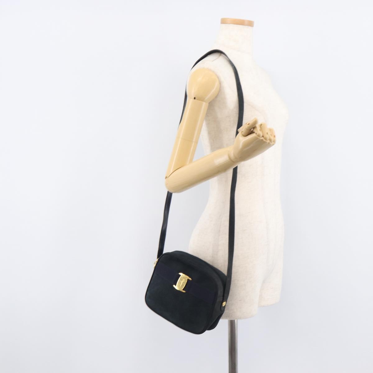 Salvatore Ferragamo Vala Shoulder Bag Suede Black Gold Auth BA16436