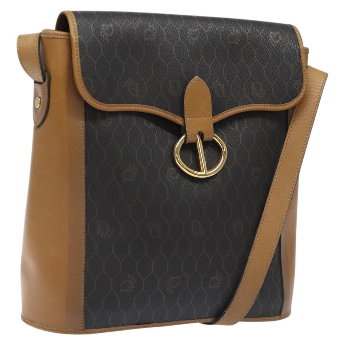 Christian Dior Honeycomb Canvas Shoulder Bag PVC Leather Black gold Auth BA1644