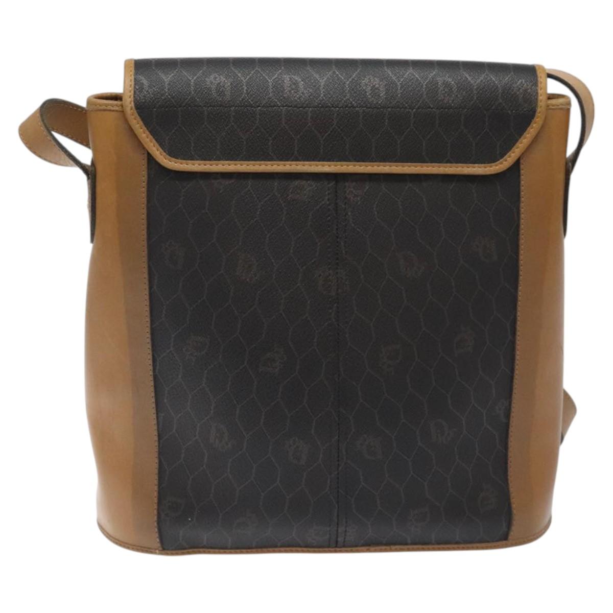 Christian Dior Honeycomb Canvas Shoulder Bag PVC Leather Black gold Auth BA1644