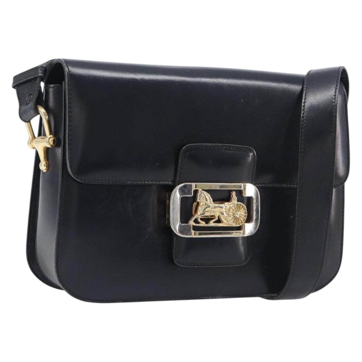 CELINE Horse Carriage Shoulder Bag Leather Black Gold Auth BA16440