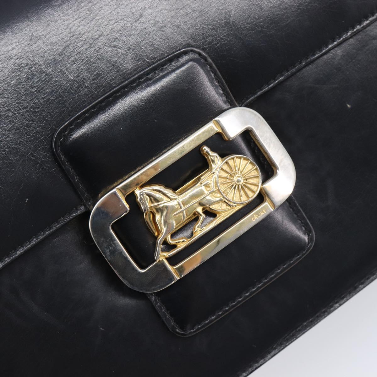 CELINE Horse Carriage Shoulder Bag Leather Black Gold Auth BA16440