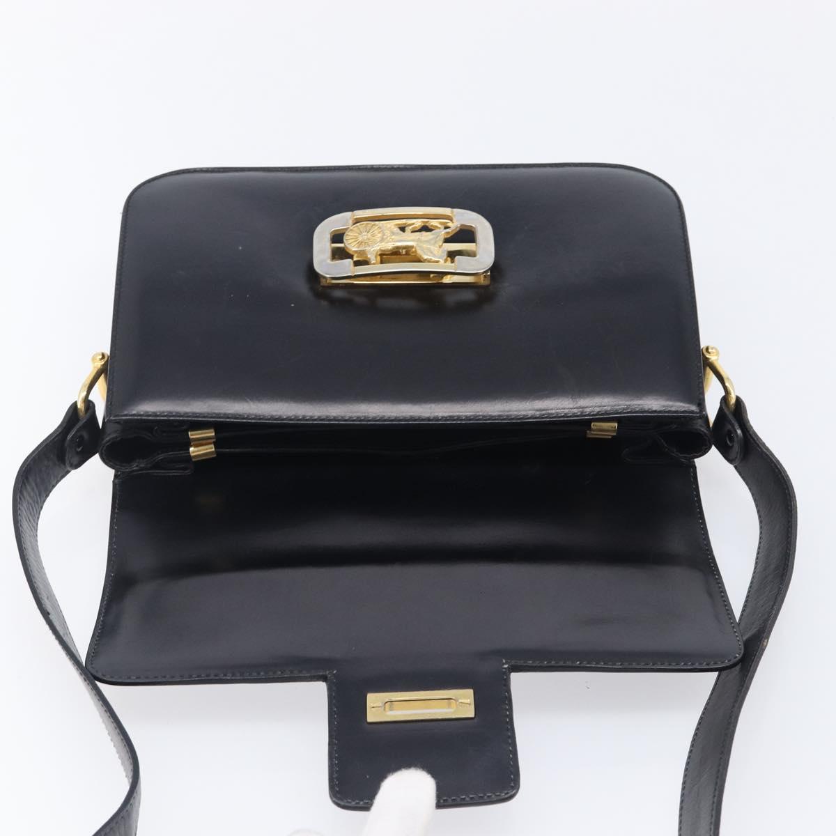 CELINE Horse Carriage Shoulder Bag Leather Black Gold Auth BA16440