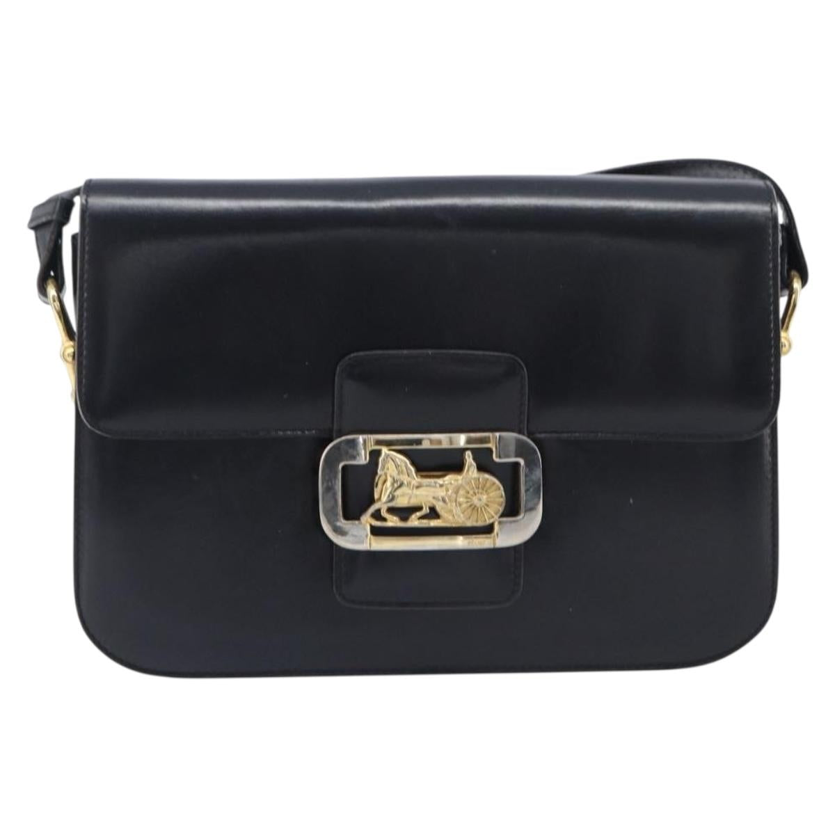 CELINE Horse Carriage Shoulder Bag Leather Black Gold Auth BA16440