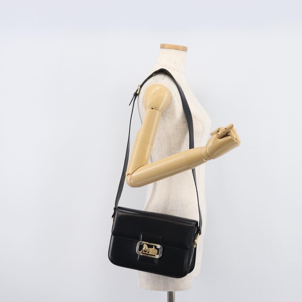 CELINE Horse Carriage Shoulder Bag Leather Black Gold Auth BA16440