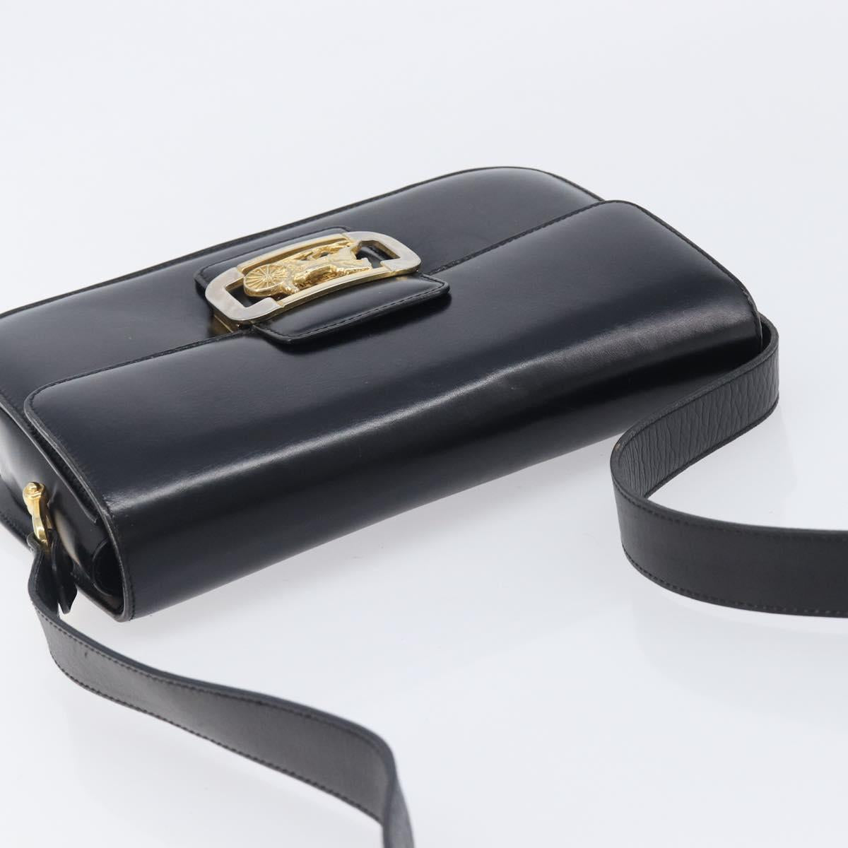 CELINE Horse Carriage Shoulder Bag Leather Black Gold Auth BA16440