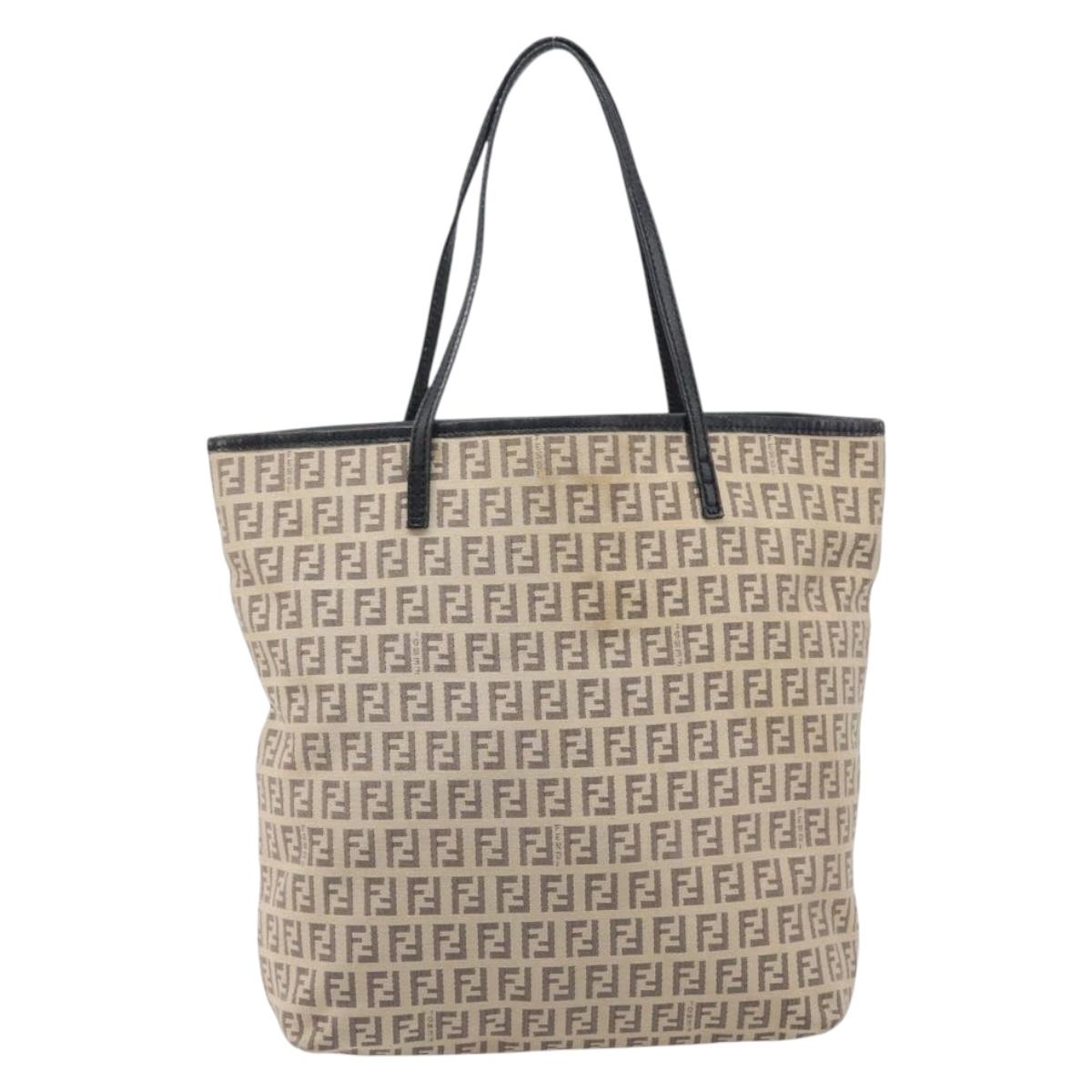 FENDI Zucchino Canvas Tote Bag Beige Silver 8BH074 Auth BA16450