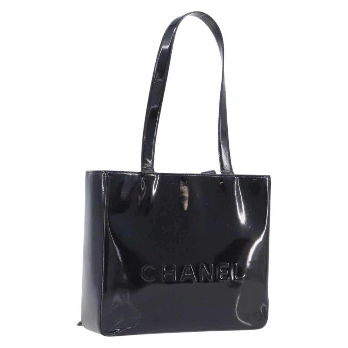 CHANEL Tote Bag Patent Leather Black Gold CC Auth BA16451