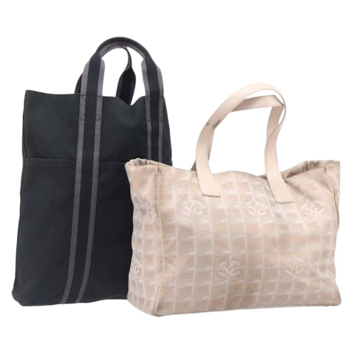 CHANEL Hermes New Travel Line Tote Bag Canvas 2 Set Pink Black CC Auth BA16465