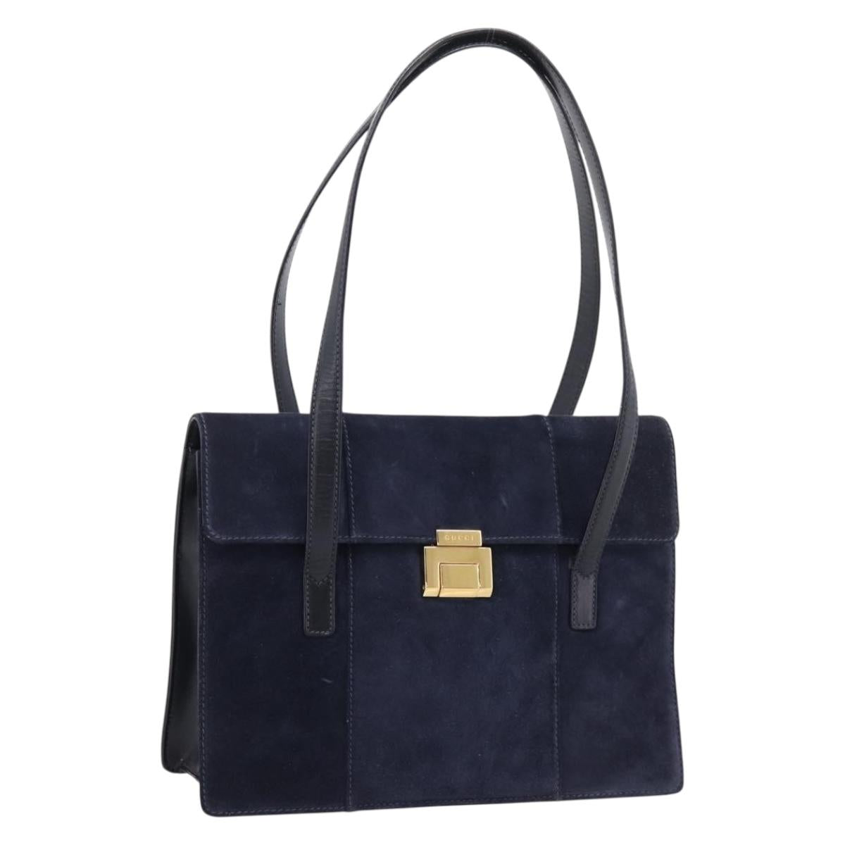 GUCCI Tote Bag Suede Navy Gold Auth BA16467