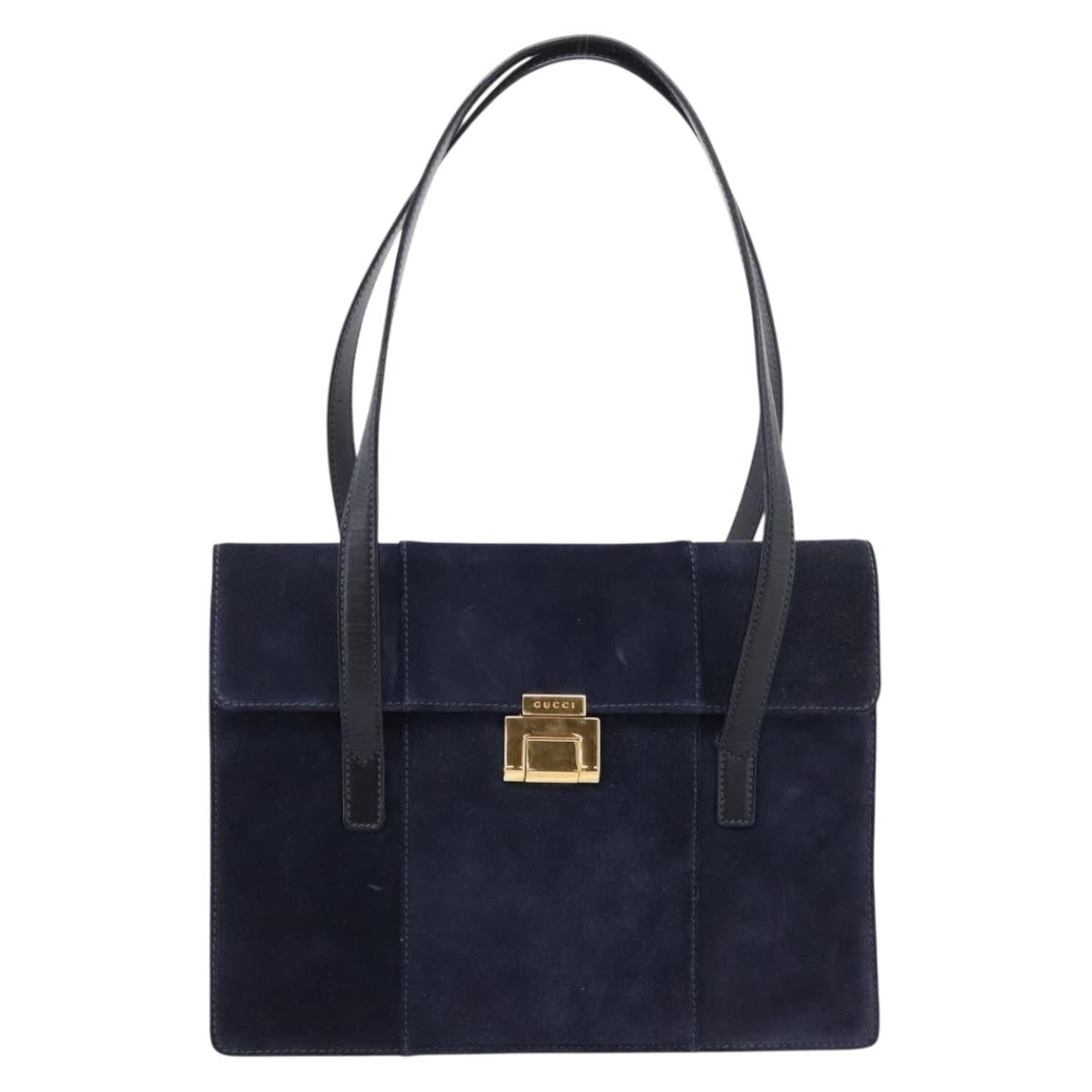 GUCCI Tote Bag Suede Navy Gold Auth BA16467