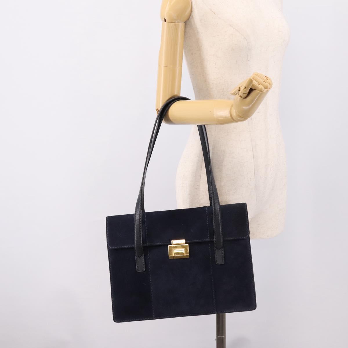 GUCCI Tote Bag Suede Navy Gold Auth BA16467