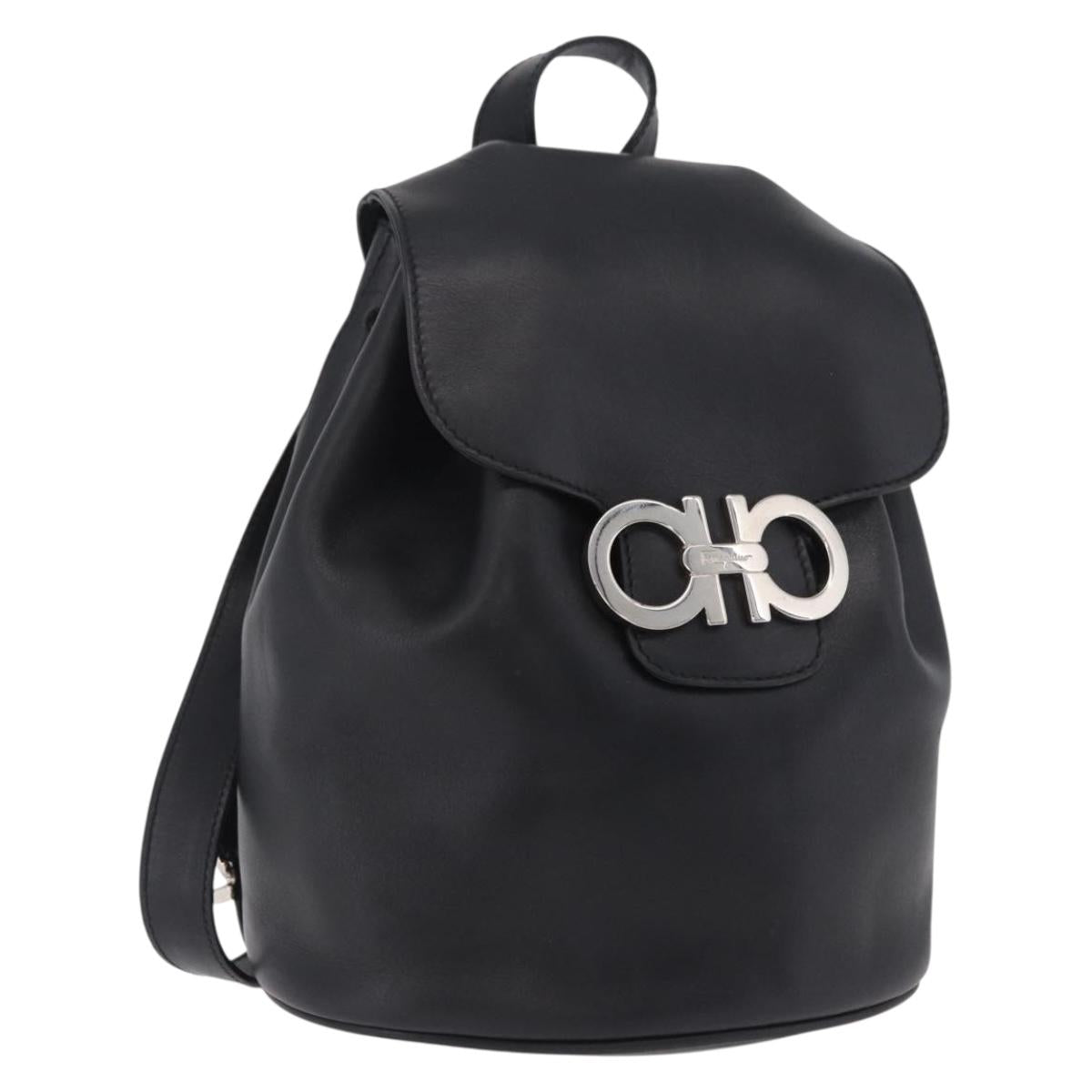 Salvatore Ferragamo Gancini Backpack Leather Black Silver Auth BA16468