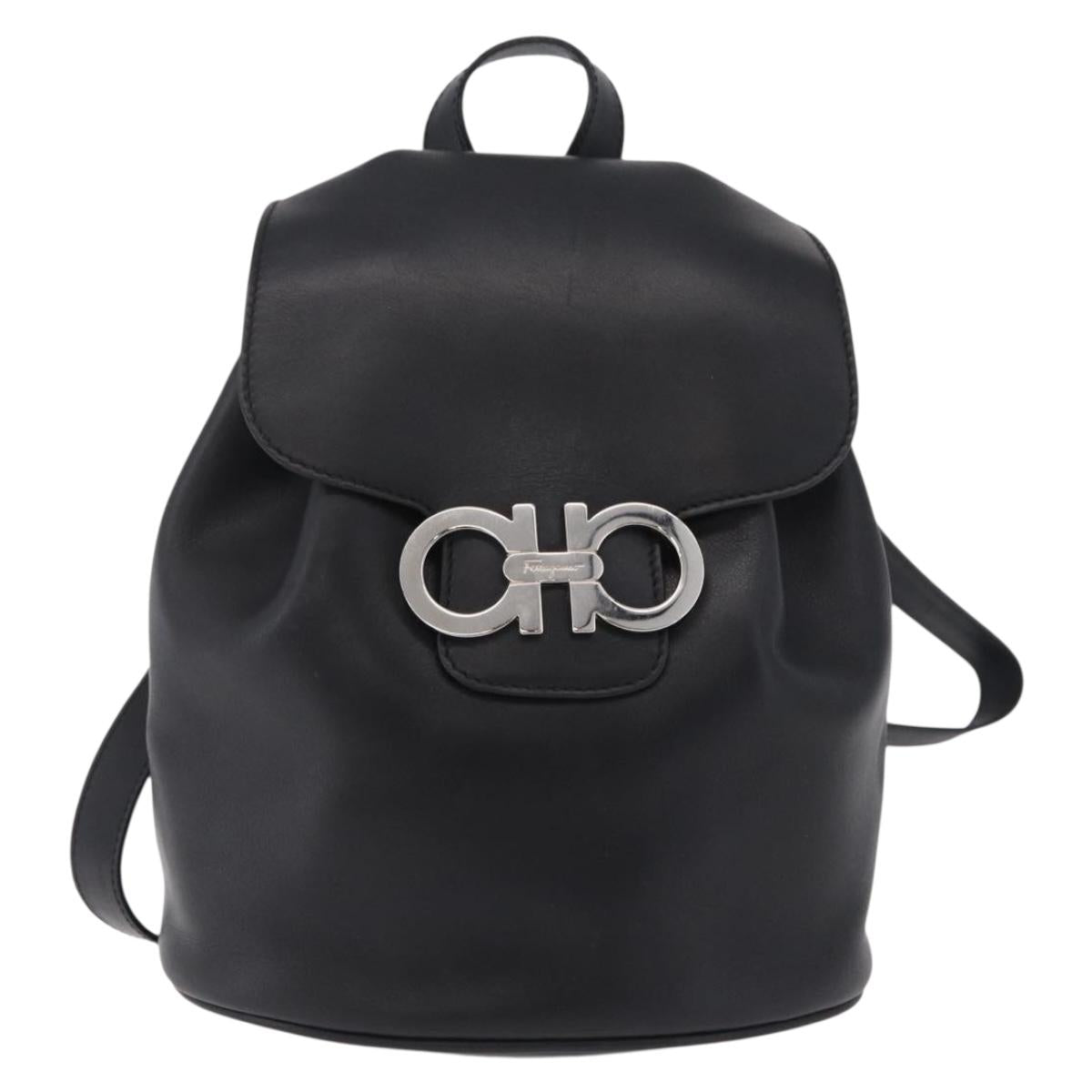Salvatore Ferragamo Gancini Backpack Leather Black Silver Auth BA16468