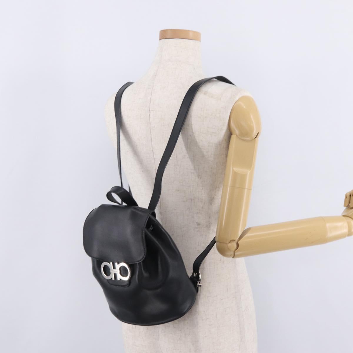 Salvatore Ferragamo Gancini Backpack Leather Black Silver Auth BA16468