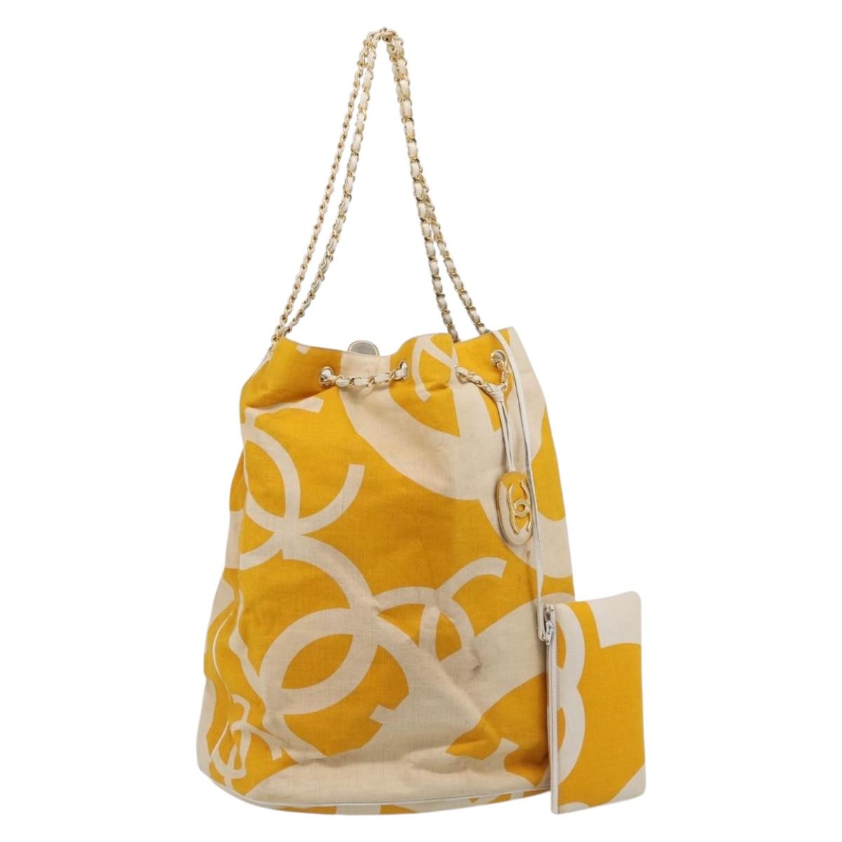 CHANEL Drawstring Chain Shoulder Bag Canvas Yellow Gold Tone CC Auth BA16485