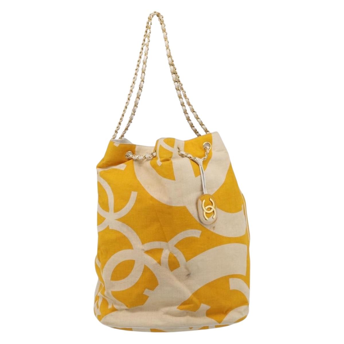 CHANEL Drawstring Chain Shoulder Bag Canvas Yellow Gold Tone CC Auth BA16485