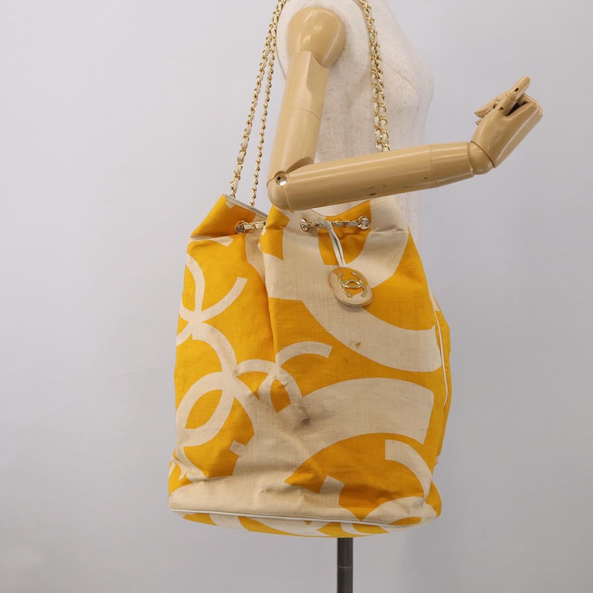 CHANEL Drawstring Chain Shoulder Bag Canvas Yellow Gold Tone CC Auth BA16485
