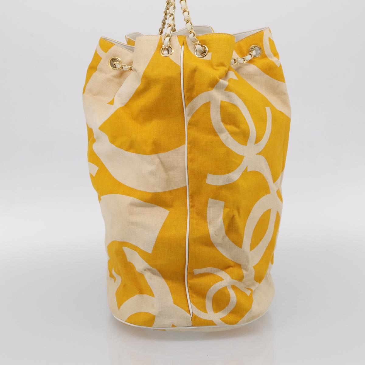 CHANEL Drawstring Chain Shoulder Bag Canvas Yellow Gold Tone CC Auth BA16485