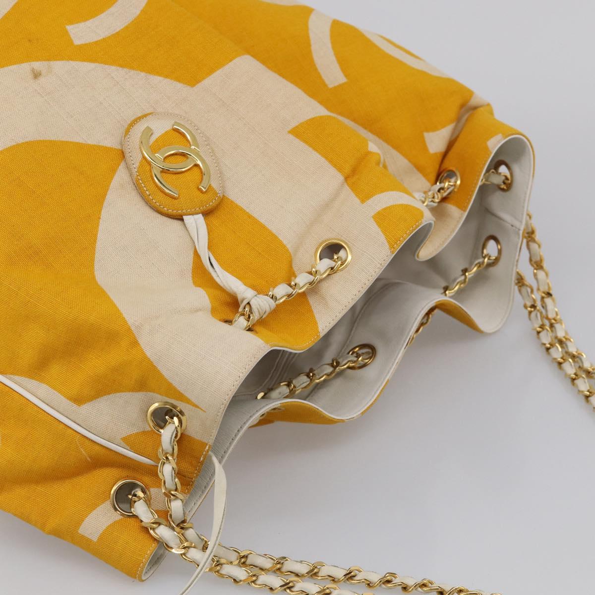 CHANEL Drawstring Chain Shoulder Bag Canvas Yellow Gold Tone CC Auth BA16485